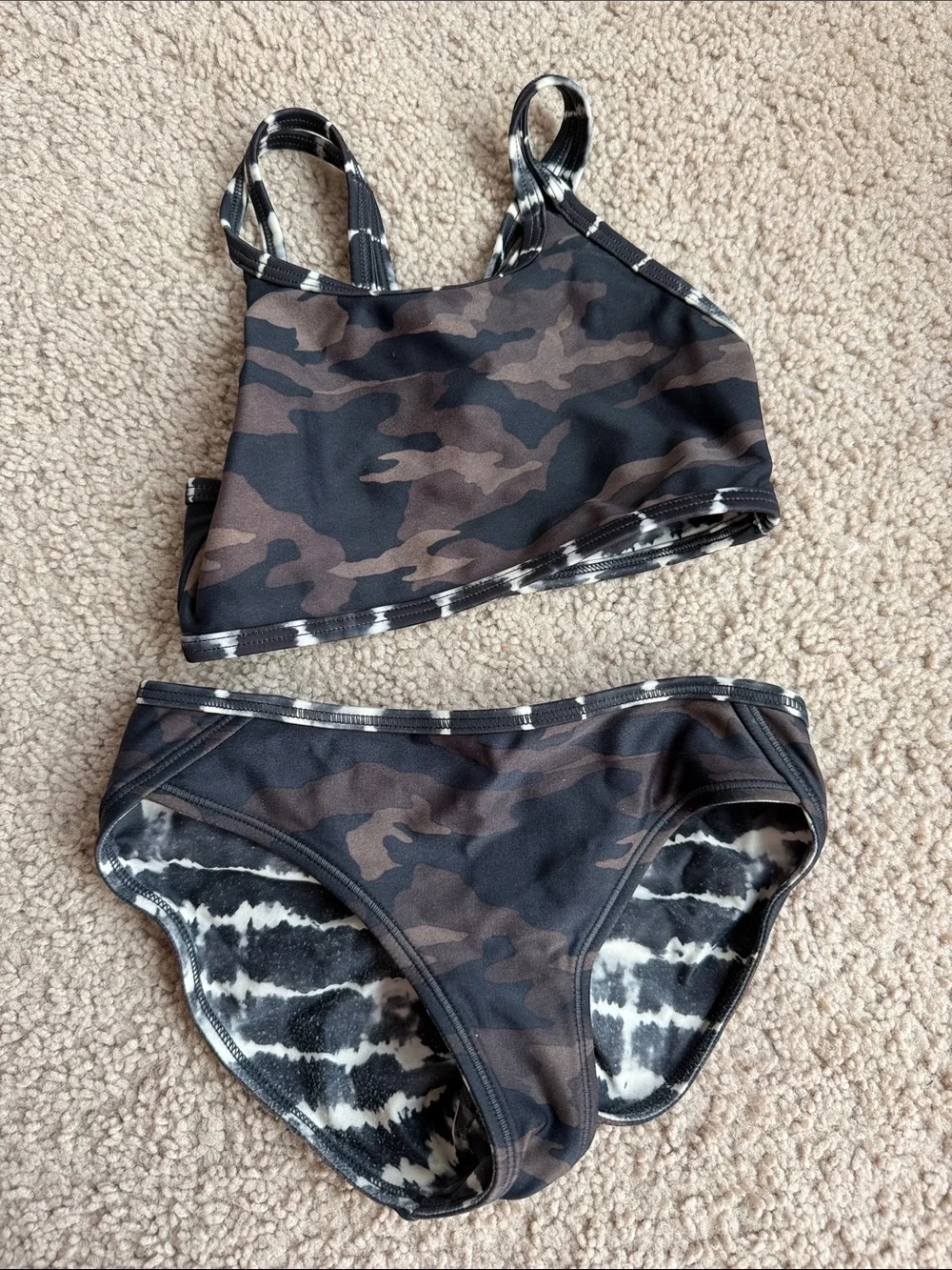 Athleta Black & White Tie-Dye Reversible Girls Two-Piece Swim Set
